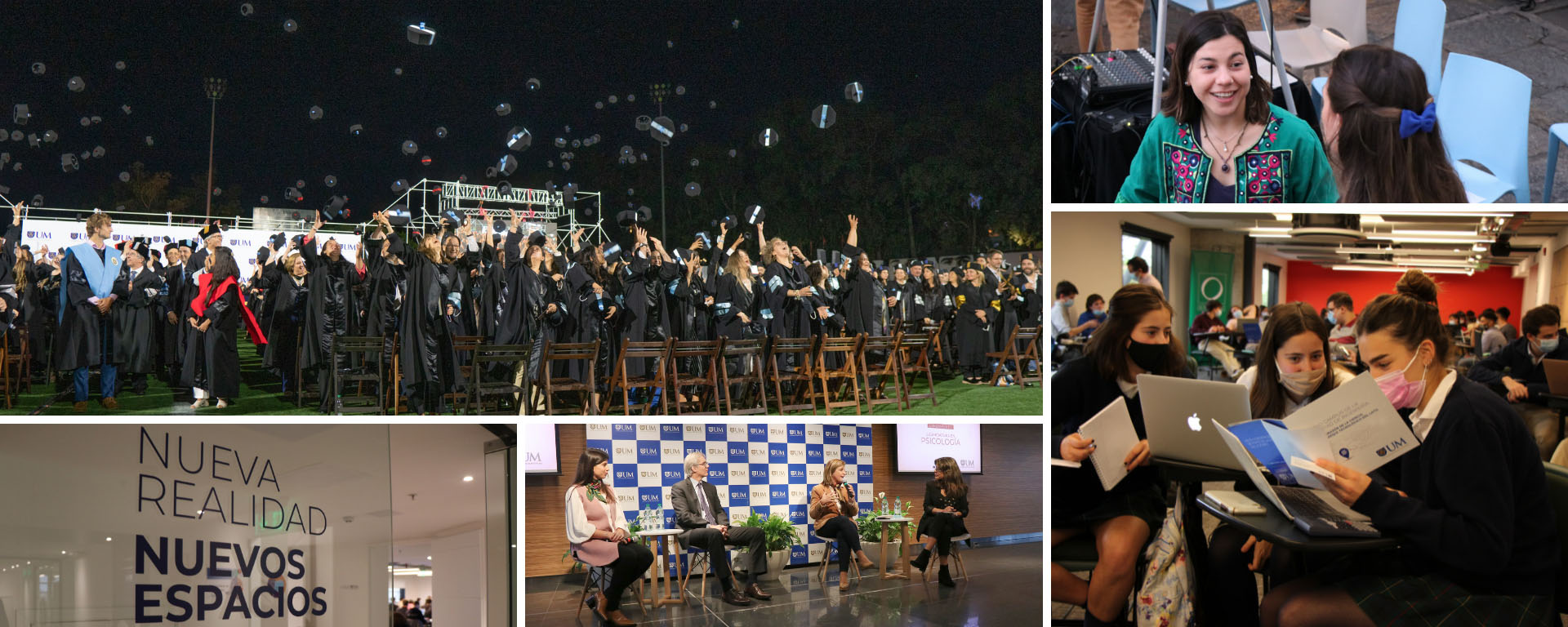 Cinco imágenes: foto aérea de las graduaciones de la UM; dos estudiantes mujeres hablan en el patio de la UM; puerta de vidrio con la frase "Nueva realidad, nuevos espacios"; panel con autoridades y profesores de la UM; tres estudiantes mujeres con tapabocas hablan dentro de un salón de clases mientras observan una carpeta con el logo de la UM.